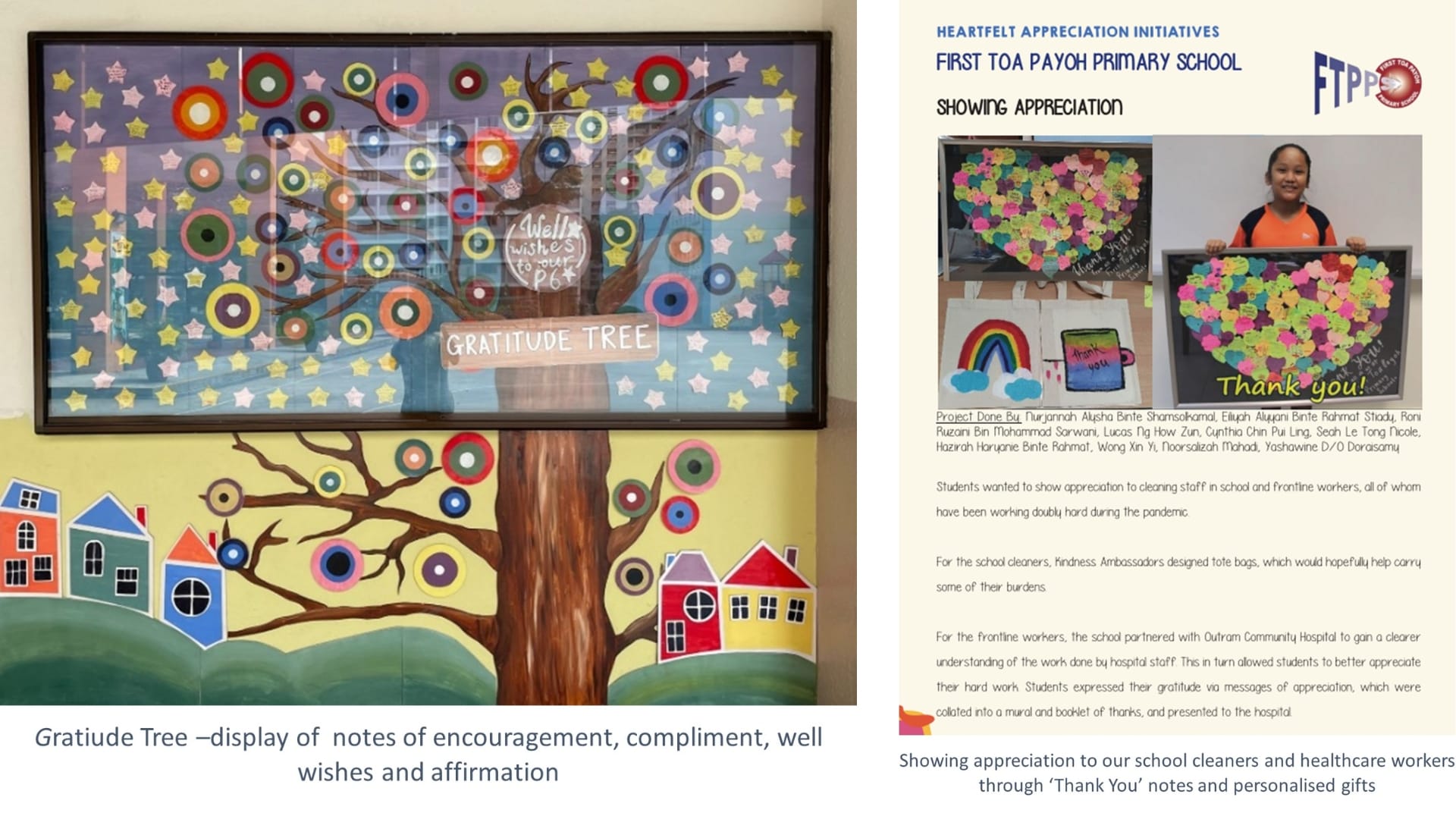 Alt text (≤150 characters): A Gratitude Tree display and appreciation project showcase students’ thank-you messages and gifts for school cleaners and healthcare workers.